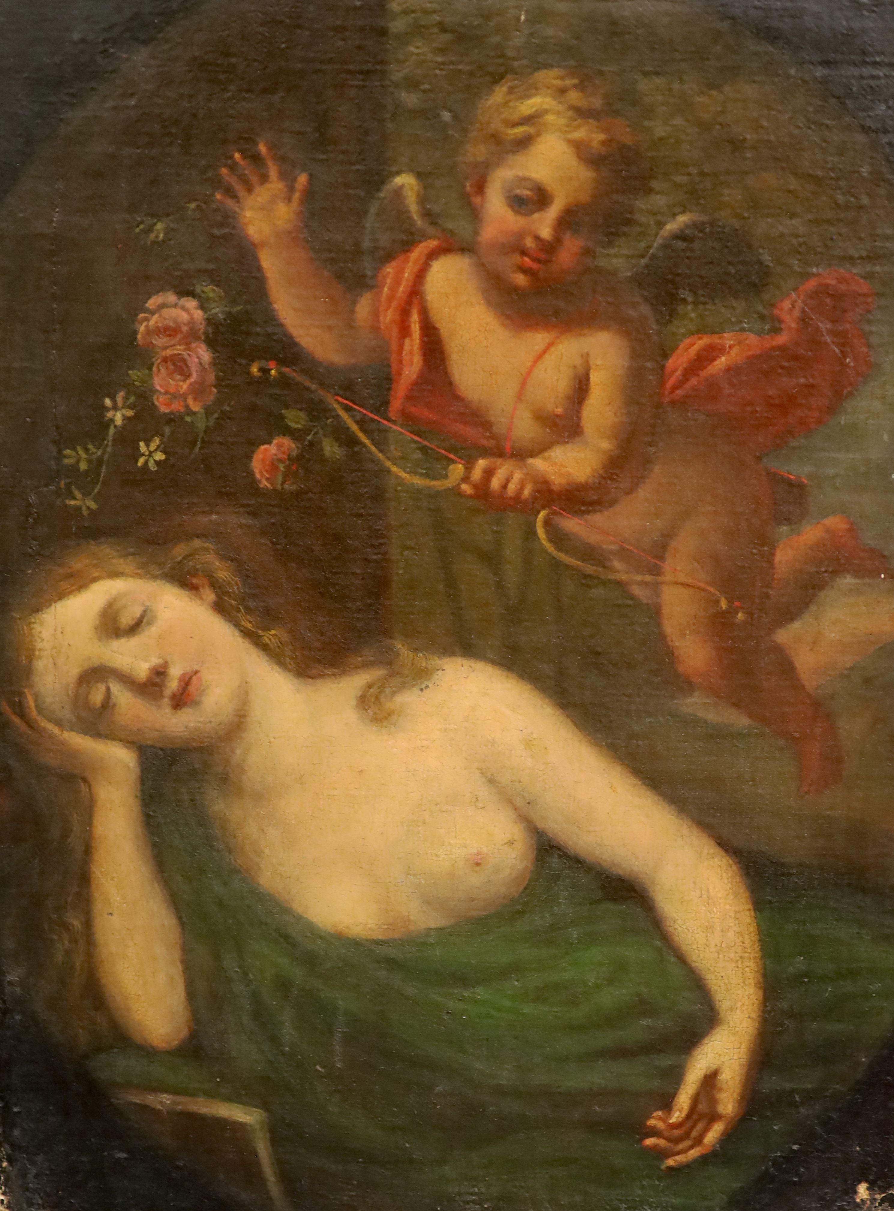 19th century English School, Cupid and a sleeping Venus, Oil on canvas, 43 x 34 cm. unframed